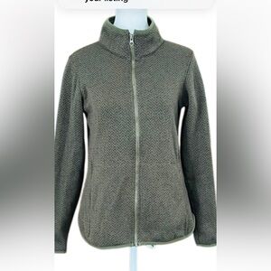 Columbia Olive Green Herringbone print full zip knit jacket size S.